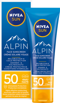 NIVEA SUN Alpin SPF 50 krem do twarzy, ochrona przed słońcem i zimnem, widok tuby z opakowaniem.
