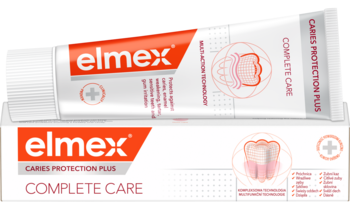 Pasta elmex Caries Protection Plus Complete Care: biała tubka z czerwonym logo nad białym pudełkiem, widok z przodu.