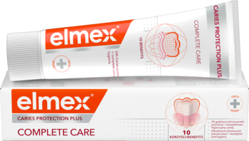 Pasta do zębów elmex Caries Protection Plus Complete Care, tubka na opakowaniu z ochroną przed próchnicą.