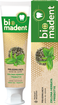 Bio Madent Green Tea + Prebiotic pasta do zębów, biało-zielona tubka i kartonik z liśćmi herbaty, widok z przodu.