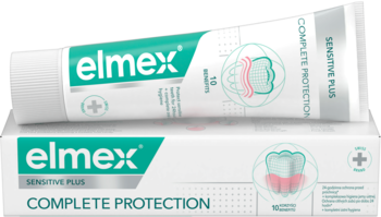 Biała tubka pasty elmex Sensitive Plus Complete Protection leży ukośnie na pudełku, zielone logo, do wrażliwych zębów.