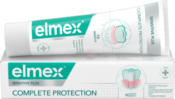 Pasta elmex Sensitive Plus Complete Protection, biała tubka na pudełku, zielone logo, diagram zęba i dziąseł.