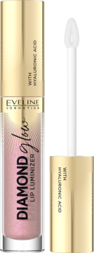 Eveline Diamond Glow Lip Luminizer, błyszczyk różany z kwasem hialuronowym, otwarty z aplikatorem.