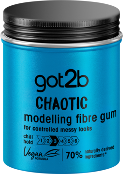 Niebieski słoik got2b CHAOTIC modelling fibre gum do kontrolowanych, potarganych fryzur, z czarną nakrętką.