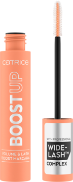 Brzoskwiniowa maskara Catrice BOOST UP Volume & Lash, otwarta tuba z aplikatorem Widelash.