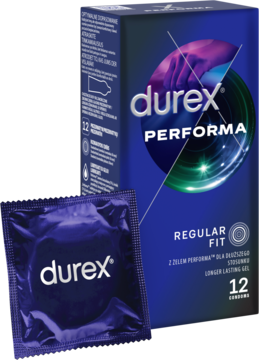 Niebiesko-fioletowe pudełko Durex Performa 12 szt. i fioletowa prezerwatywa, dla dłuższego stosunku.