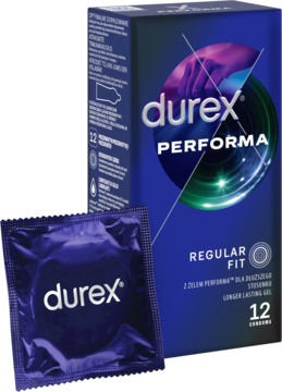 Niebiesko-fioletowe pudełko Durex Performa 12 szt. i fioletowa prezerwatywa, dla dłuższego stosunku.