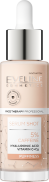 Eveline Serum Shot 5% Caffeine, Hyaluronic Acid, Vitamin C+Cg w beżowej buteleczce z kroplomierzem.