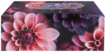 Pudełko chusteczek higienicznych Aura, 4-warstwowe, z wzorem różowo-fioletowych dalii, widok z góry i boku.