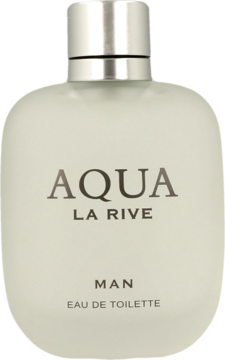 Matowa butelka La Rive Aqua Man woda toaletowa, jasna z srebrną zakrętką, widoczny napis, ujęcie z przodu.