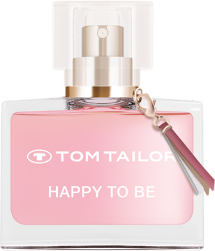 Perfumy Tom Tailor Happy To Be EDP w różowej butelce, z przezroczystym korkiem i ozdobnym chwościkiem.