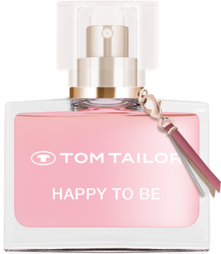 Tom Tailor Happy To Be woda perfumowana, widok z przodu. Przejrzysta butelka z różowym płynem i chwościkiem.