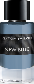 Tom Tailor New Blue woda toaletowa, elegancka szaro-niebieska butelka z teksturowaną czarną etykietą, widok z przodu.