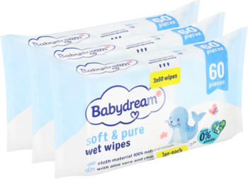 Trzy opakowania Babydream soft & pure wilgotnych chusteczek 60 szt., biało-niebieskie, z foką, widok z przodu.
