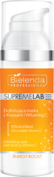 Bielenda Supremelab, biała butelka z pomarańczową etykietą, maska eksfoliująca z kwasami i witaminą C, widok z przodu.