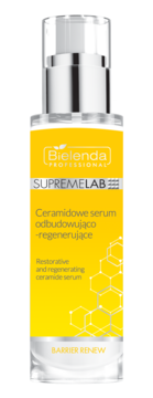 Bielenda Supremelab Barrier Renew Ceramidowe serum odbudowujące w żółtej butelce z srebrnym pompką, widok z przodu.