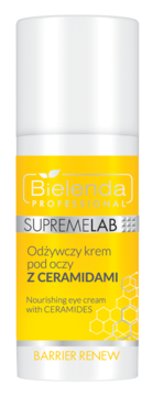 Bielenda Supremelab Barrier Renew, krem pod oczy z ceramidami w biało-żółtej butelce, widok z przodu.