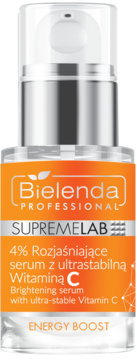 Bielenda Supremelab 4% serum rozjaśniające z witaminą C, butelka z pompką, widok z przodu, pomarańczowa etykieta.