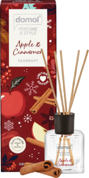 Domol Perfume & Style Apple & Cinnamon odświeżacz powietrza, szklana butelka z patyczkami i dekoracyjne pudełko.