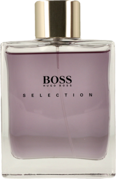 Hugo Boss Selection woda toaletowa dla mężczyzn, prostokątna szklana butelka z fioletowym płynem i złotą nakrętką, widok z przodu.