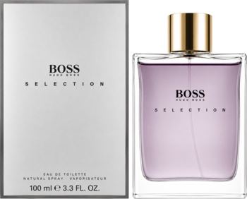 Hugo Boss Selection męska woda toaletowa, białe pudełko i butelka 100ml z fioletowym płynem, złotym korkiem.