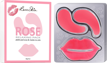 Różowe hydrożelowe płatki pod oczy i maska na usta z różą Love Skin, obok opakowania Rose Relaxing Pack.
