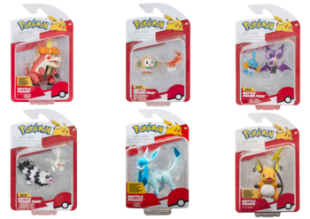 Sześć różnych figurek Pokemon Battle Figure w indywidualnych, czerwono-białych opakowaniach blister, widok z przodu.