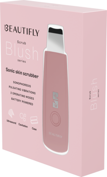 BEAUTIFLY Blush peeling kawitacyjny, różowy, w pudełku. Kawitacja, ultradźwięki. Widok z przodu i z boku.