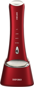 Czerwony ultradźwiękowy peeling kawitacyjny Diforo Rives w bazie ładującej UV, widok z przodu. Tryby LIFT, MOIST, CLEAN, PEELING.