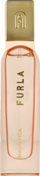 Furla Magnifica damska woda perfumowana w przezroczystej butelce z różowym płynem i złotą zakrętką, widok z przodu.