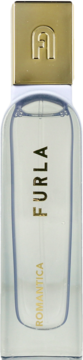 Furla Romantica woda perfumowana w przezroczystej butelce ze złotą nakrętką i logo. Widok z przodu.