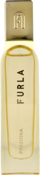 Furla Preziosa, przezroczysta, wysmukła butelka perfum ze złotym płynem, pionowym napisem Furla i złotą nakrętką z logo.
