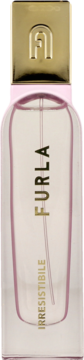 Pionowa butelka perfum Furla Irresistible EDP, przezroczysta z różowym odcieniem, złota nakrętka z logo Furla i napis.