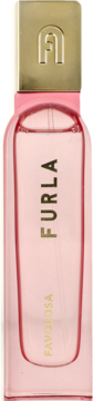 Różowa woda perfumowana Furla Favolosa w smukłej, szklanej butelce, ze złotą nakrętką i napisem, widok z przodu.