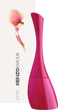 Kenzo Amour woda perfumowana dla kobiet w różowym flakonie o falistej linii obok białego pudełka z ptakiem.