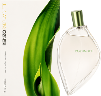 Kenzo Parfum D'Ete, woda perfumowana dla kobiet, butelka w kształcie liścia, na tle zielonych liści i opakowania.