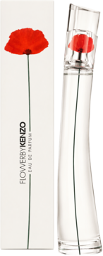Kenzo Flower by Kenzo woda perfumowana, butelka z czerwonym makiem obok białego pudełka z grafiką maku.