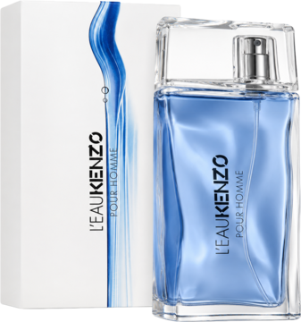 Kenzo L'Eau Pour Homme, flakon z błękitną wodą toaletową oraz białe pudełko z falistym, pionowym wzorem.