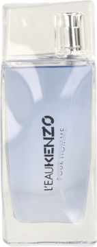 Woda toaletowa Kenzo L'Eau Pour Homme w prostokątnej szklanej butelce, jasnoniebieski płyn, widok z przodu.