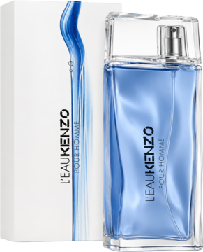 Kenzo L'Eau Pour Homme woda toaletowa męska, świeży zapach. Niebieska butelka i białe pudełko, widok z przodu.