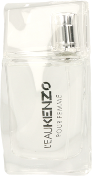 L'Eau Kenzo Pour Femme, przezroczysta butelka wody toaletowej, prostokątna, z pionowym czarnym napisem, widok z przodu.