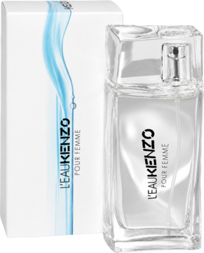 Woda toaletowa Kenzo L'Eau Pour Femme, przezroczysta butelka i białe pudełko z błękitnym motywem wody, widok z przodu.