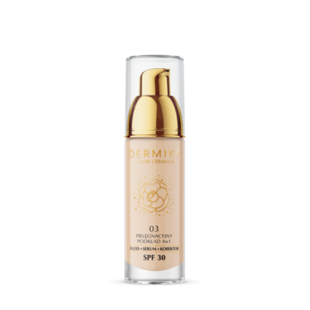 Pielęgnacyjny podkład Dermika Luxury Ceramides nr 03, szklana butelka ze złotą pompką, jasnobeżowy, SPF 30.