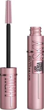 Maybelline Lash Sensational Sky High tusz do rzęs. Różowe opakowanie, otwarty z aplikatorem i napisem SKY HIGH.