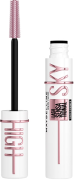 Maybelline Sky High Lash Sensational mascara: biała tuba otwarta z różową szczoteczką i zamknięta.