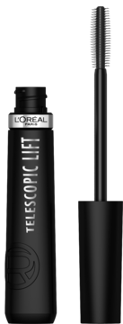 Czarna mascara L'Oréal Paris Telescopic Lift, otwarta tuba obok aplikatora z innowacyjną szczoteczką.