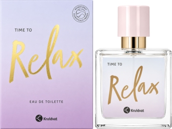 Kruidvat Time to Relax Eau de Toilette: butelka i pudełko z fioletowo-złotym gradientem, zapach bergamotki.