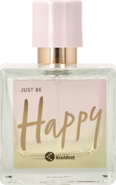 Wegańska woda toaletowa Kruidvat Just be Happy o zapachu róży, butelka z różową etykietą i napisem Happy.