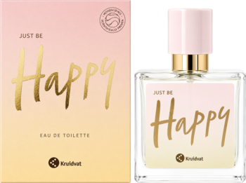 Woda toaletowa Kruidvat Just be Happy, flakon i pudełko gradientowe różowo-złote z napisem, róża i neroli.