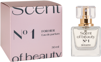 Scent of beauty N°1 woda perfumowana dla kobiet, różowe pudełko i szklana butelka z złotym atomizerem.